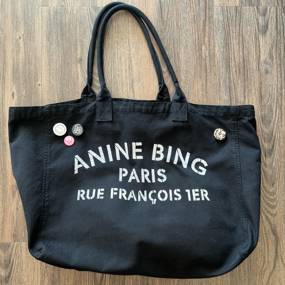 ANINE BING WOMENS BLACK CANVAS LEO TOTE WHITE LOGO WRITING